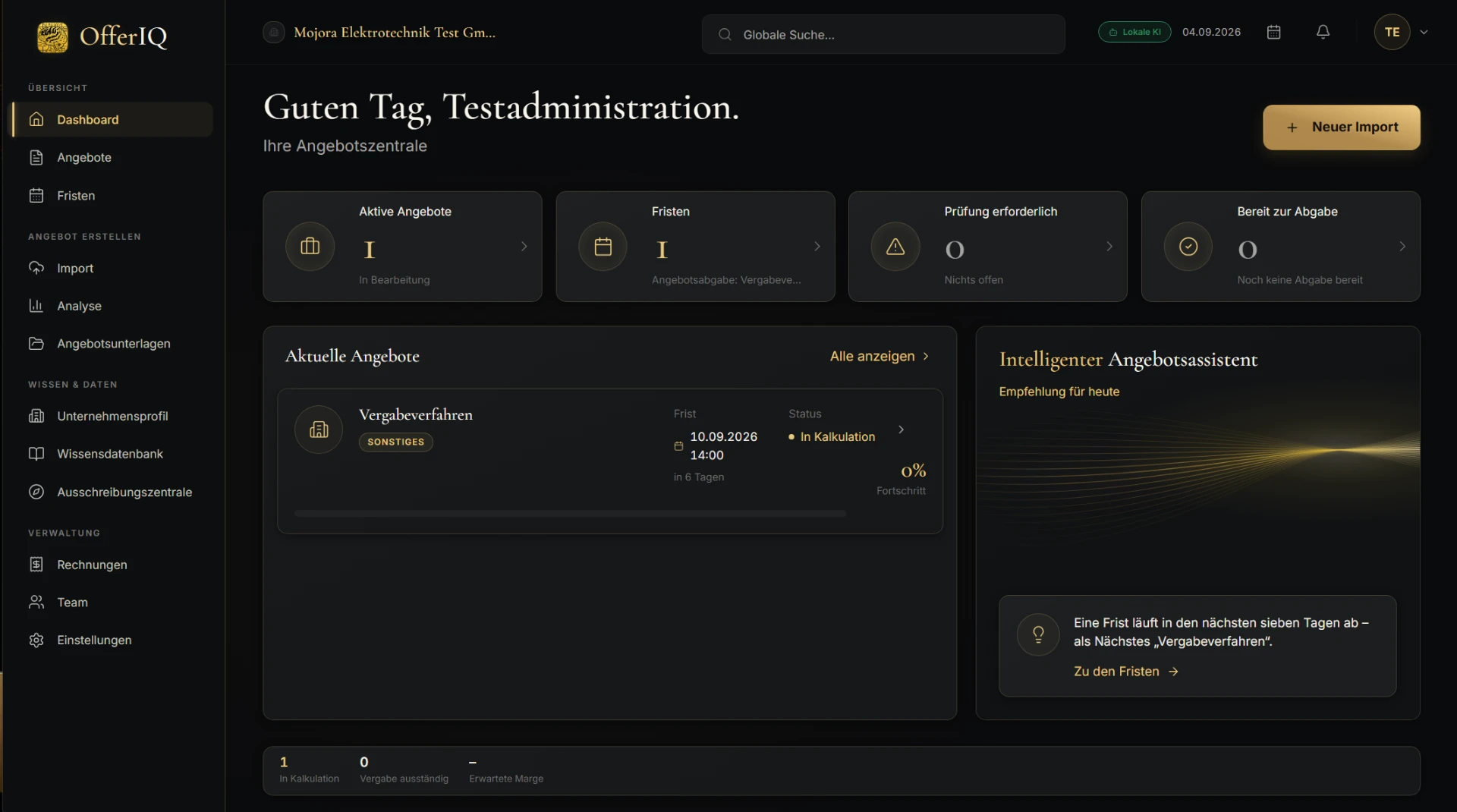 OfferIQ Dashboard mit Angeboten, Fristen und Projektstatus