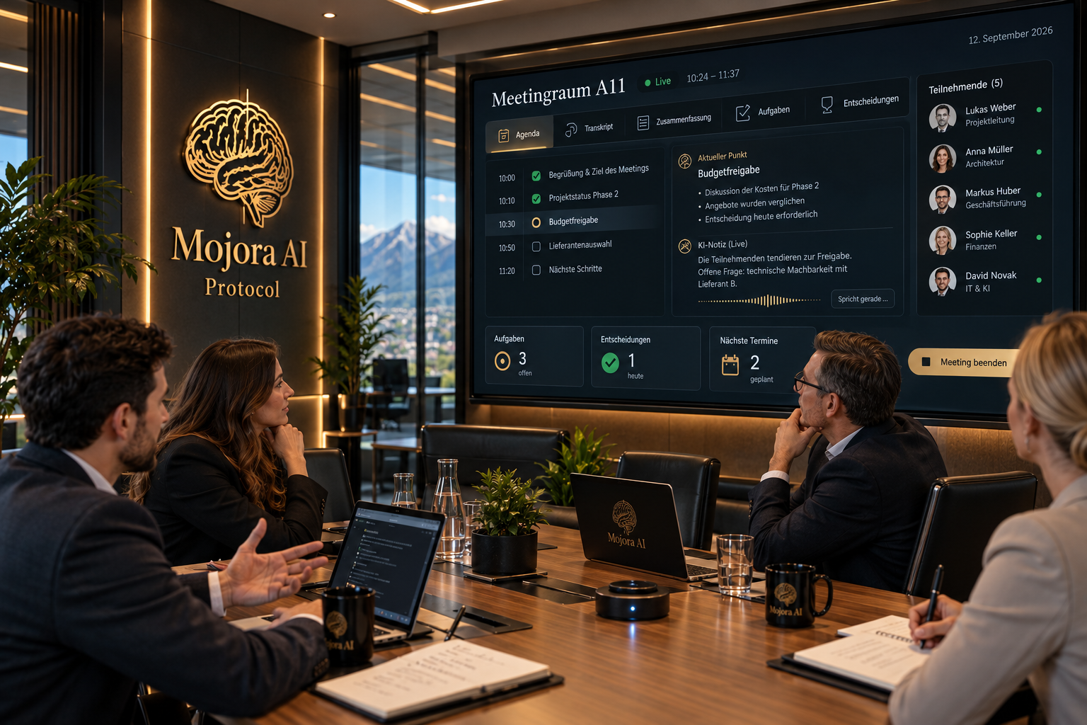 Mojora AI Protocol im intelligenten Meetingraum: Live-Agenda, Aufgaben und Entscheidungen auf dem Raumdisplay