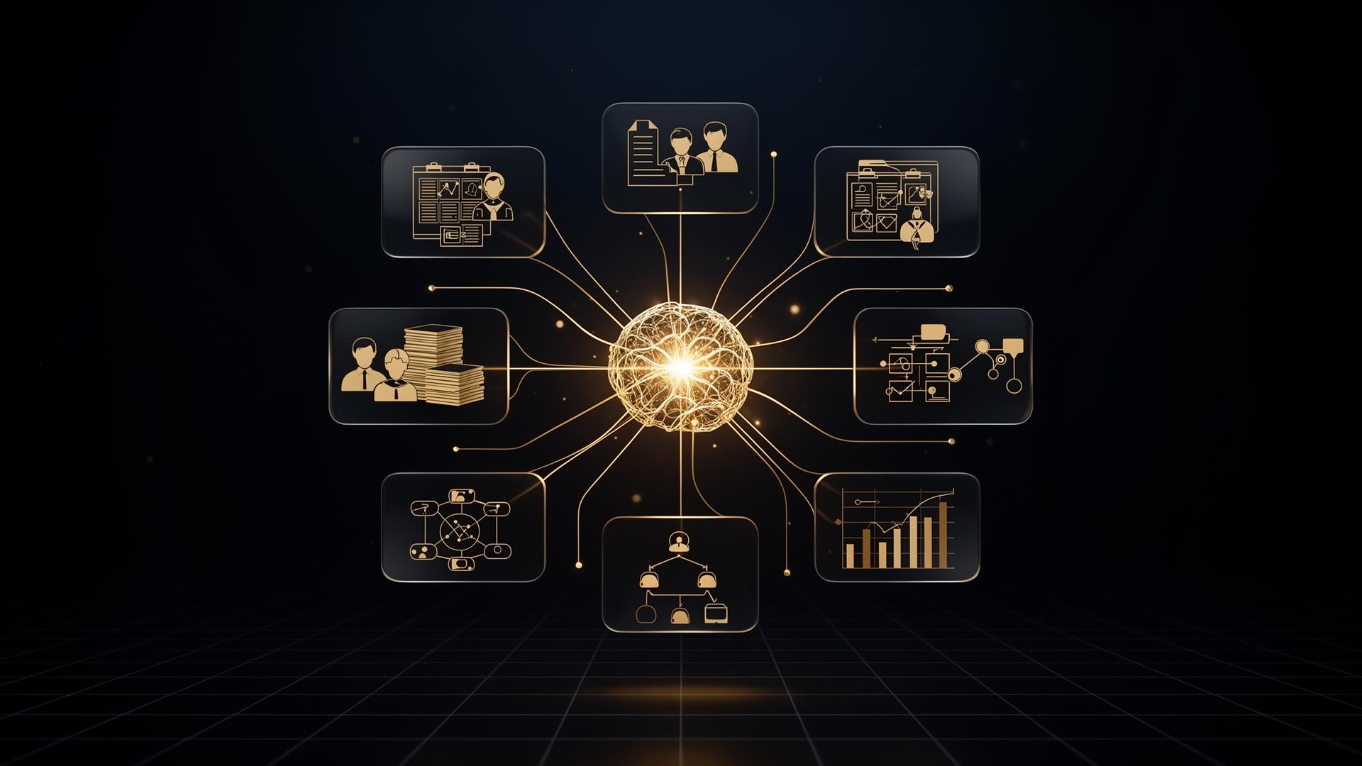 KI-Strategie Visualisierung – vernetzte Prozesse, Mitarbeiter, Dokumente, Wissen, Entscheidungen und Daten