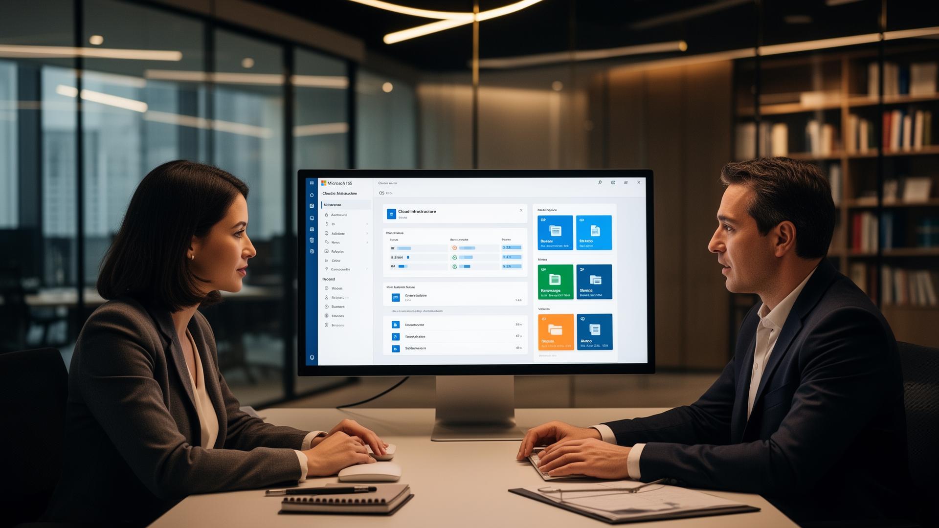 IT-Beratung Cloud-Migration — Beraterin und Kunde analysieren gemeinsam Microsoft 365 und Cloud-Infrastruktur