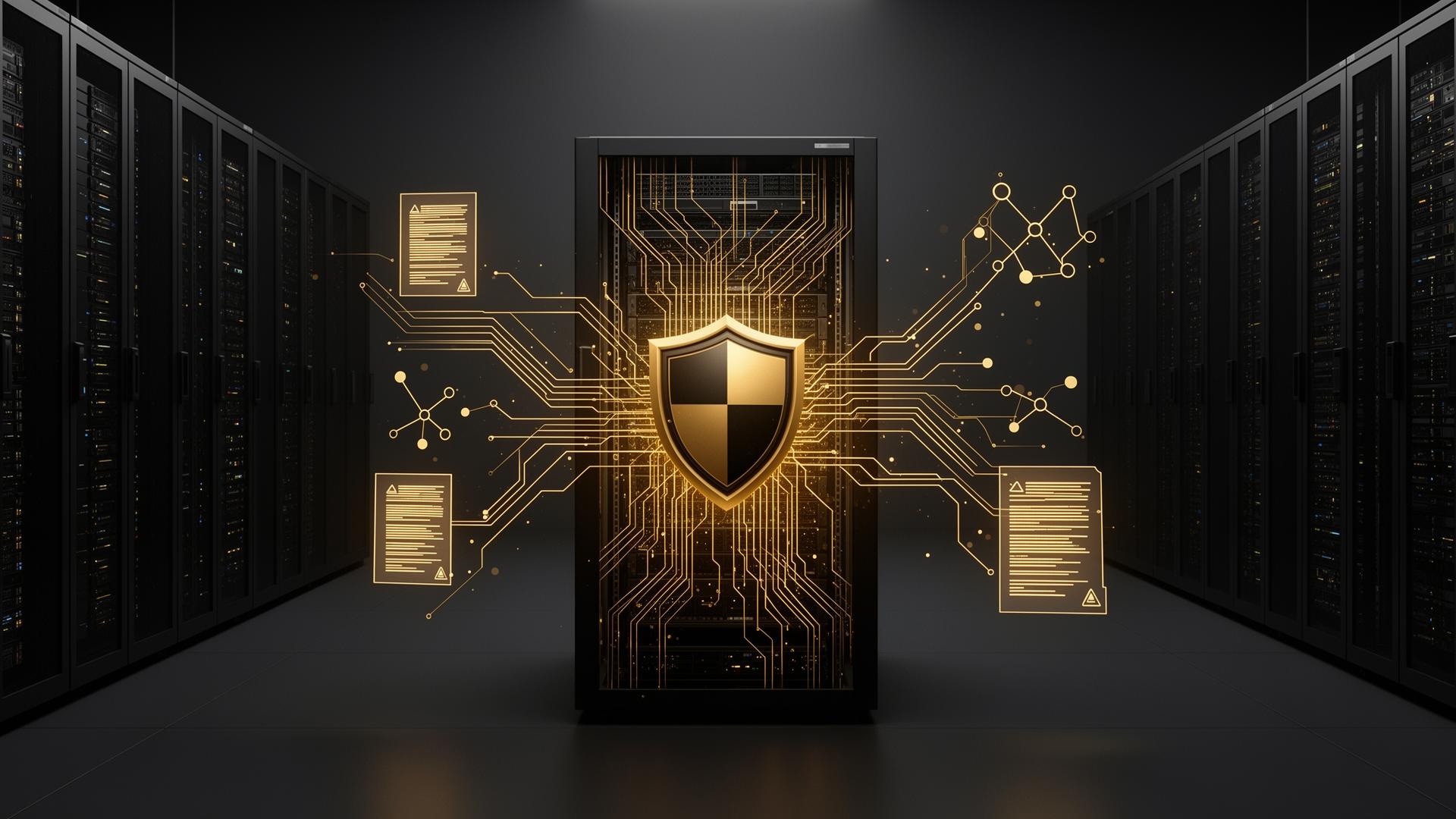 Lokales Rechenzentrum mit On-Premise KI-Server, Datenschutz-Schild und Wissensgraph