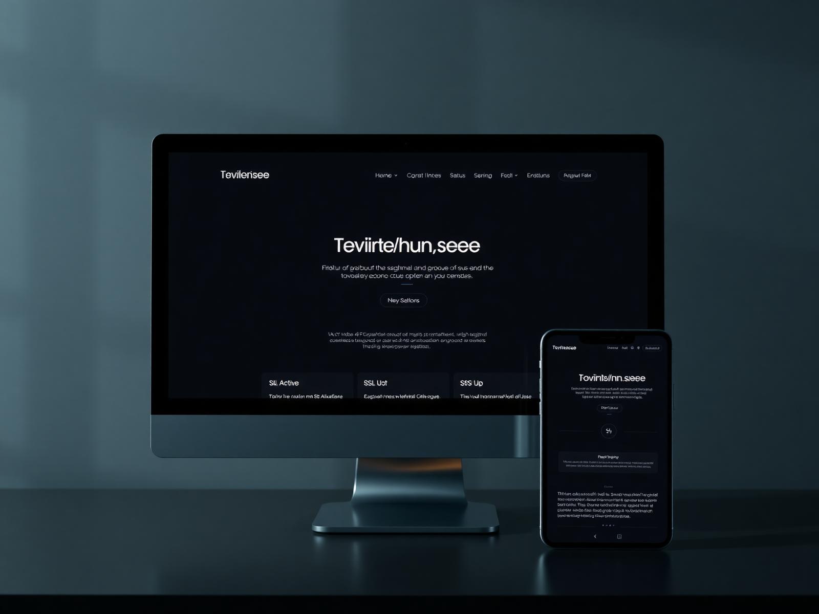 Moderne Unternehmenswebseite auf Desktop, Tablet und Smartphone mit Statusanzeigen für SSL, Backup und Systemzustand